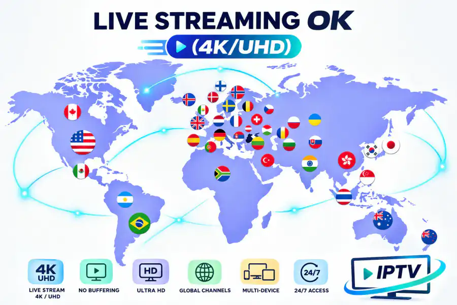 IPTV subscription app open on a television, showing channels and a programme guide